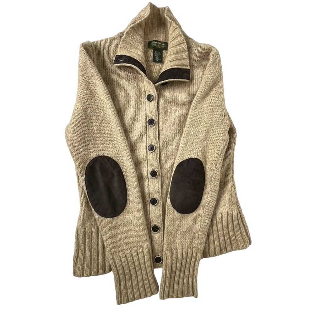 Eddie Bauer Womens M Long Sleeve Button Up Elbow Patches Wool Blend Runs Small